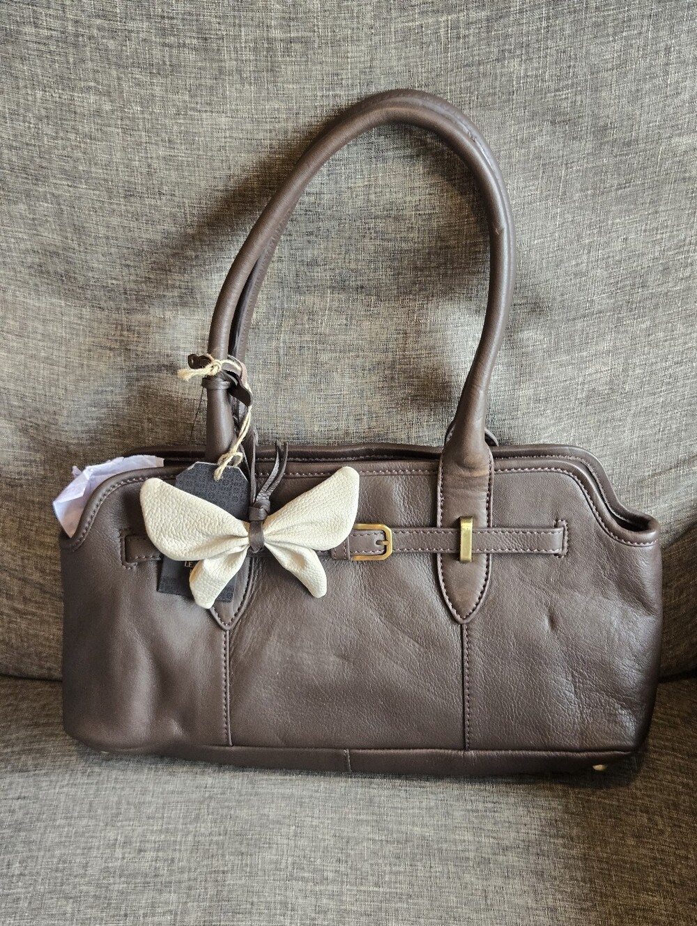RARE!! Brown Genuine Leather Shoulder Bag Handbag With Leather Bow Accessory